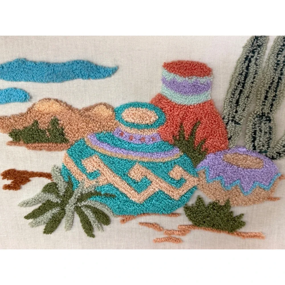 Vintage Southwestern Punch‎ Needle Art Framed Desert Cactus Pottery Textile Boho